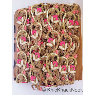 Hand Embroidered Lace Trim, Pink Floral Embroidery, Beaded In Off White Seed Beads & Bugle Beads